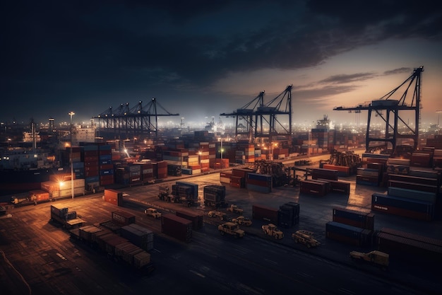 Escena portuaria ocupada descarga de buques movimiento de contenedores y oficinas modernas IA generativa