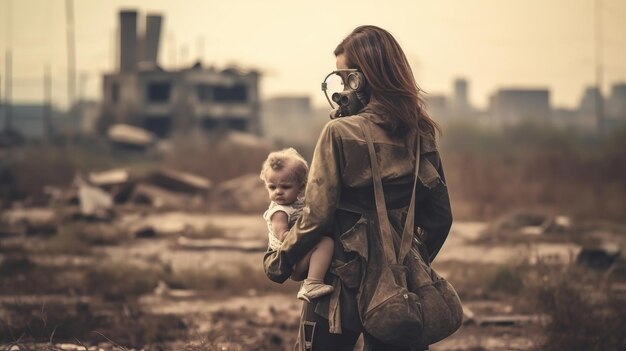 Foto escena post-apocalíptica en la distancia madre sosteniendo su pequeño