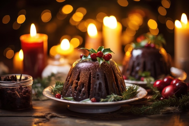 Escena de postre de celebración con un pudín navideño nevado y iluminación cálida