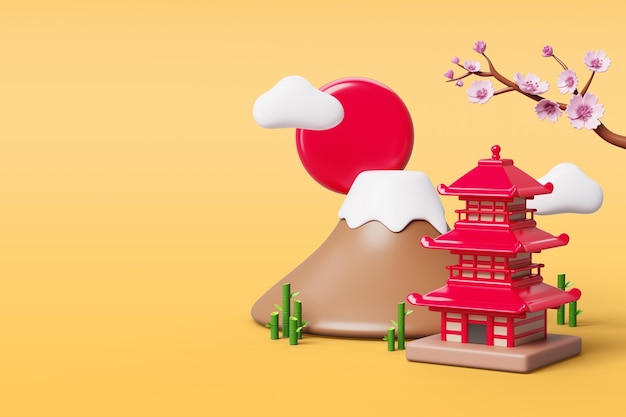 Escena de primavera japonesa en 3D con el monte Fuji pagoda flor de cereza rosa rama de sakura bambú sol rojo y nubes en fondo amarillo representan paisaje de la naturaleza asiática pancarta de viaje ilustración 3D