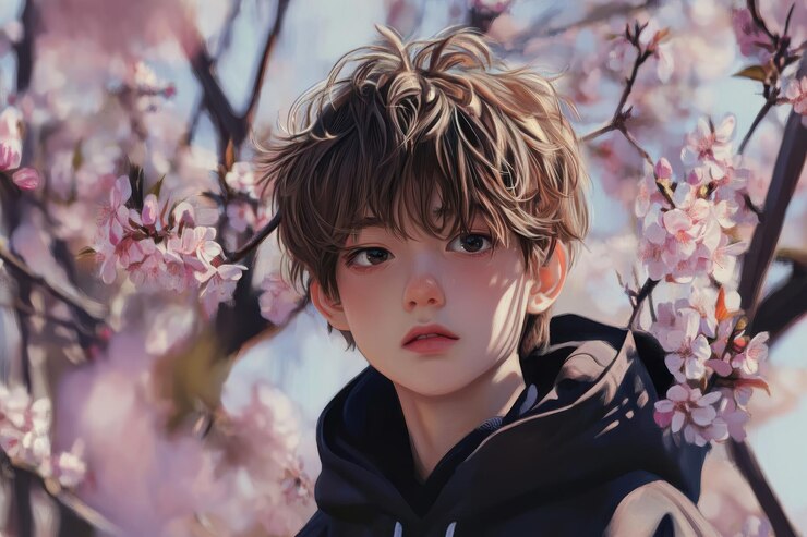Escena de primavera joven de cabello marrón de pie cerca de las flores de cerezo en el arte digital