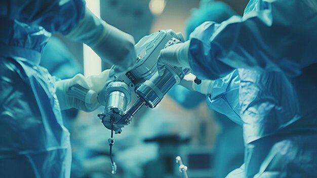 Foto una escena de primer plano que captura el momento en que un brazo articulado de un robot quirúrgico está siendo guiado por un cirujano enfocado durante un procedimiento complejo enfatiza la interacción entre el médico y el equipo robótico