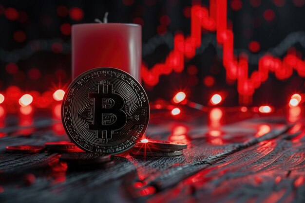 Una escena de pronóstico financiero oscuro con un gráfico de candelabros brillantes de Bitcoin