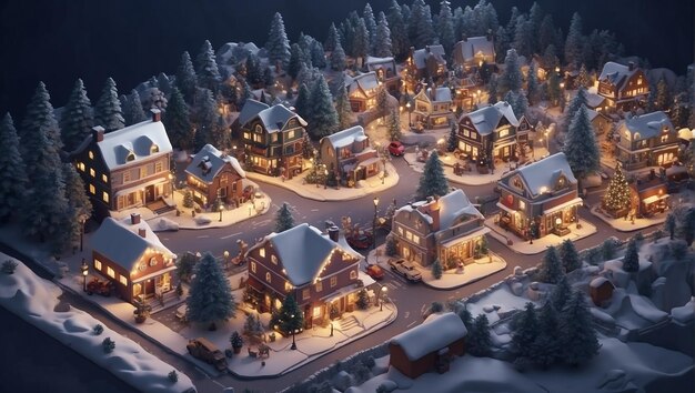 Una escena de un pueblo de invierno con casas y árboles cubiertos de nieve