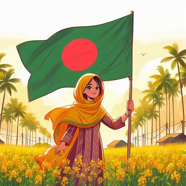 Escena del pueblo con el tema patriótico de la bandera de Bangladesh