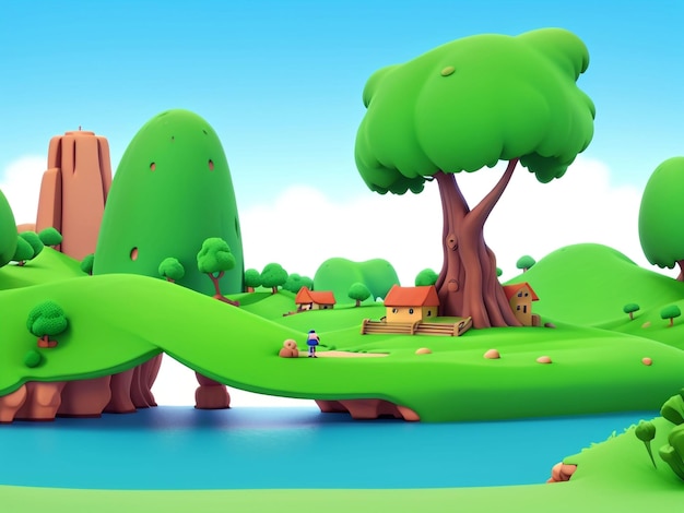 Escena de pueblo de vector libre de estilo de animación 3D con paisaje de fondo natural