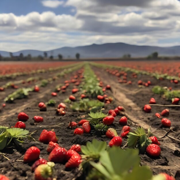 Foto en la escena se puede ver un campo de fresas mexicano donde la cosecha se ha perdido ai