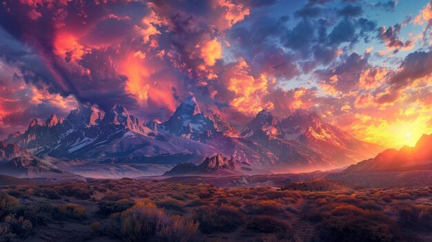 Una escena de una puesta de sol en el desierto con montañas y nubes de colores vibrantes