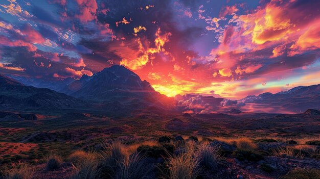 Una escena de una puesta de sol en el desierto con montañas y nubes de colores vibrantes