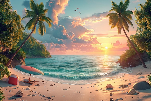 una escena de puesta de sol con una escena de playa con un paraguas de playa y palmeras