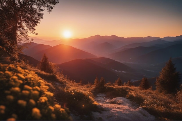 Foto la escena de la puesta de sol en las montañas