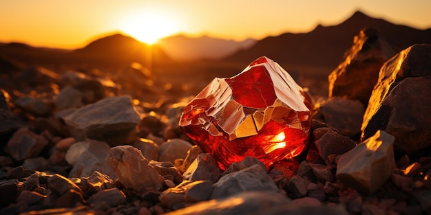 Escena de puesta de sol con una pepita de oro entre las piedras