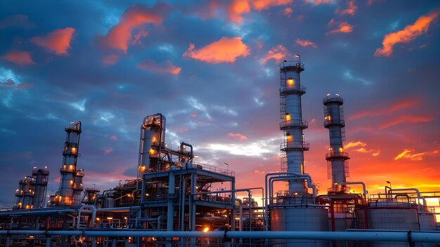 Escena de puesta de sol de una planta de refinería de petróleo con columnas y tuberías de destilación Concepto Fotografía de puesta de día Paisaje industrial Planta de refinería Columnas de destilación Estructuras de tuberías