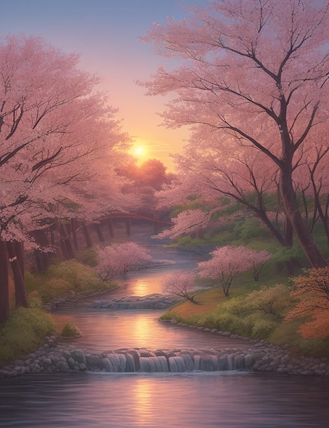 Escena de puesta de sol con un río y árboles de primavera al estilo del manga japonés