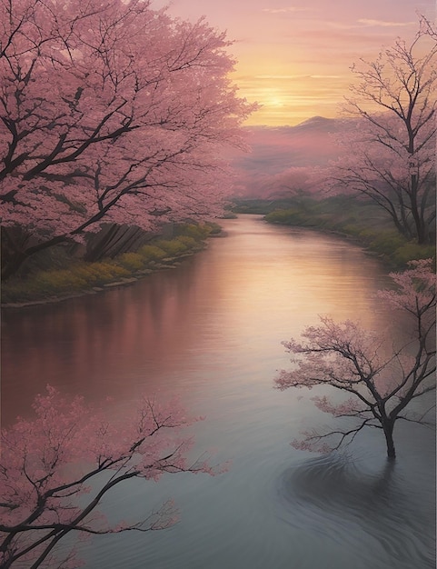Escena de puesta de sol con un río y árboles de primavera al estilo del manga japonés
