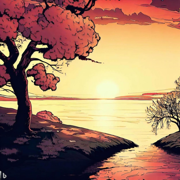 Escena de puesta de sol con un río y árboles primaverales al estilo de la ilustración de papel tapiz manga japonés