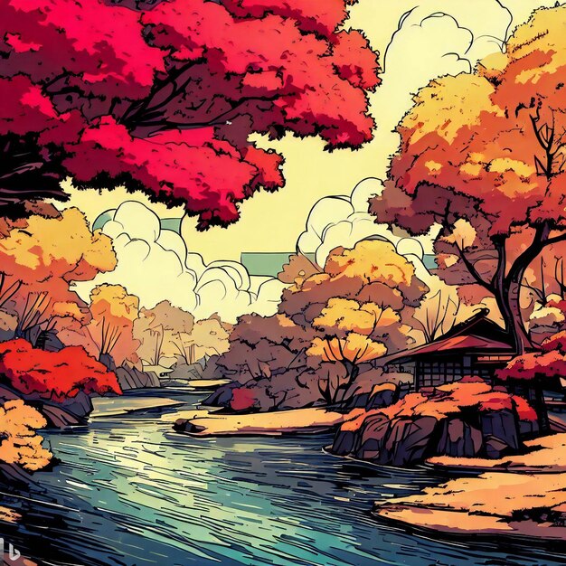 Escena de puesta de sol con un río y árboles primaverales al estilo de la ilustración de papel tapiz manga japonés