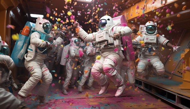 una escena que muestra una celebración de Holi en el espacio