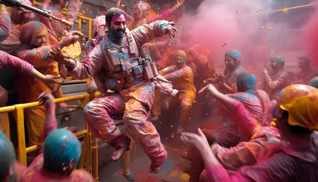 una escena que muestra una celebración de Holi en el espacio