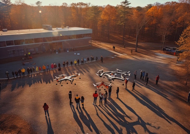Una escena que muestra drones impulsados por IA ayudando en un monitoreo de actividades educativas al aire libre a gran escala.