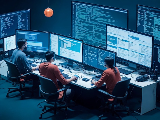 Una escena que muestra a un equipo de desarrolladores de software.