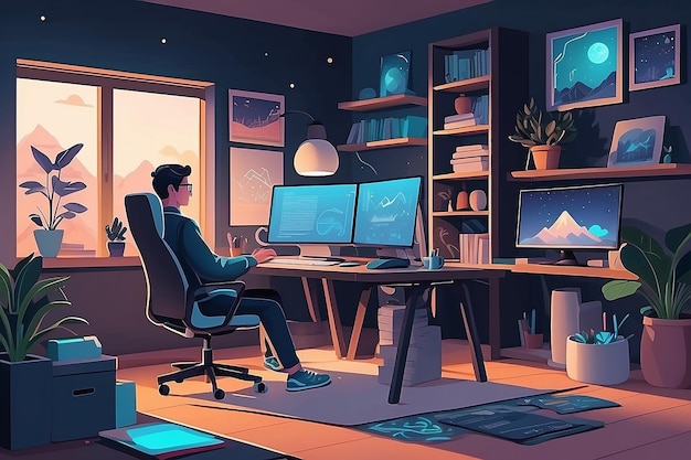 una escena en la que una persona utiliza la IA para visualizar e ilustrar elementos de sus sueños creando un diario de sueños único dentro de su oficina en casa