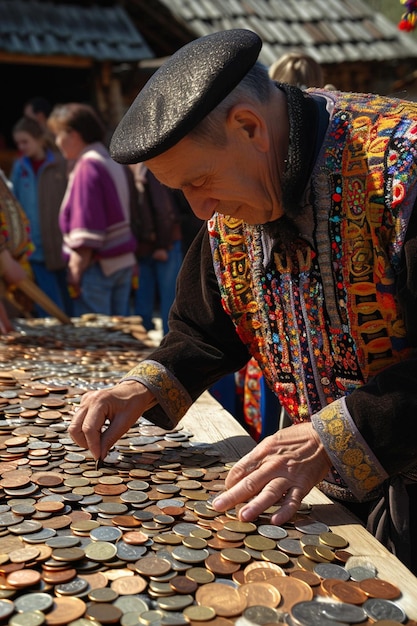 una escena que representa la antigua tradición de fijar monedas a Martisor una escena que muestra la antigua tradición