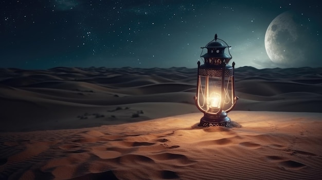 Escena de ramadán en el desierto con linterna en la noche