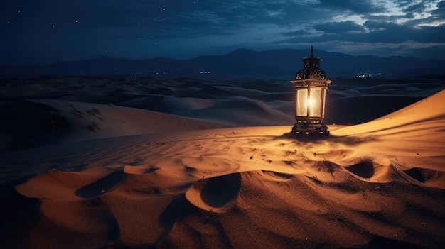Foto escena de ramadán en el desierto con linterna en la noche