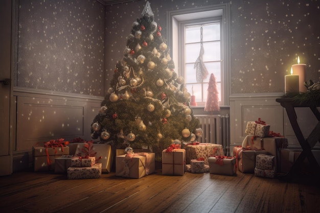 Escena realista con adornos y regalos que rodean el árbol.