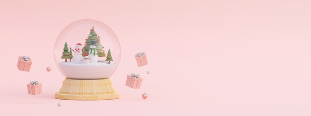 Escena de regalos de Navidad y muñeco de nieve con árbol de Navidad en un globo de nieve 3D rendering