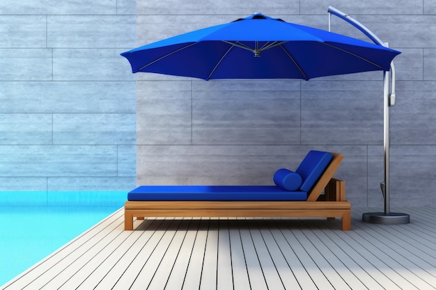 Escena relajante junto a la piscina con sillón azul y sombrilla