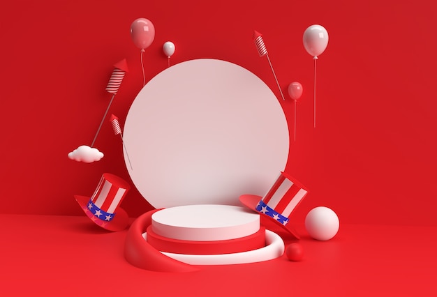 Escena de renderizado 3D de escena de podio mínima para diseño publicitario de productos de visualización. 4 de julio concepto de día de la independencia de Estados Unidos.