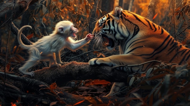 Foto la escena representa a un gran tigre atrapado entre árboles caídos mientras un lindo bebé blanco