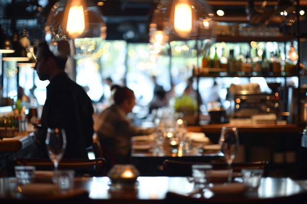 La escena del restaurante ocupado el fondo borroso captura a los comensales y al personal en acción