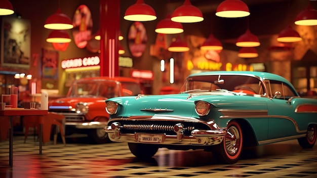 Escena de restaurante retro con autos clásicos y fuentes de soda