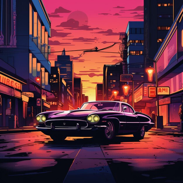 una escena retro de un paisaje urbano al anochecer y un coche vintage estacionado en la calle
