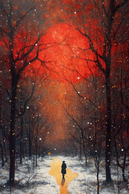 Una escena roja de invierno con nieve cayendo al suelo y un hombre caminando en la nieve.