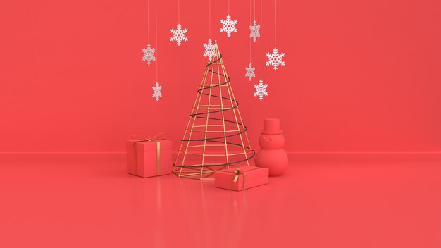 escena roja de navidad año nuevo vacaciones oro metálico abstracto árbol de navidad derecho caja de regalo bola roja pared piso render 3d