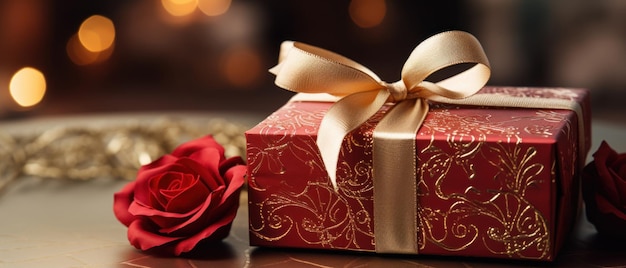 Escena romántica con caja de regalo roja y rosas cinta de oro añadiendo un toque de elegancia AI generativa
