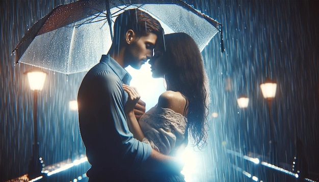 Una escena romántica e íntima de una pareja enamorada abrazada bajo el cielo nocturno mientras llueve