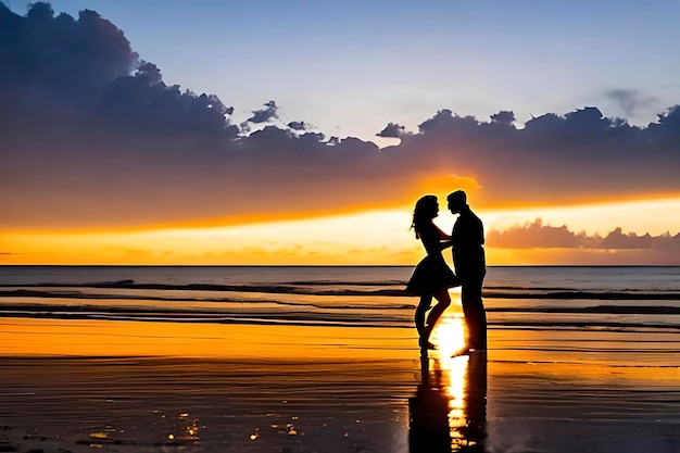 Escena romántica de una pareja al atardecer en la playa.