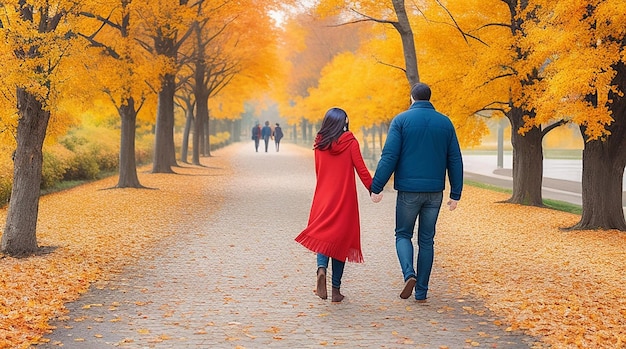 Una escena romántica de una pareja caminando de la mano por un camino cubierto por un manto de colores