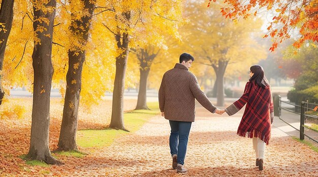 Una escena romántica de una pareja caminando de la mano por un camino cubierto por un manto de colores