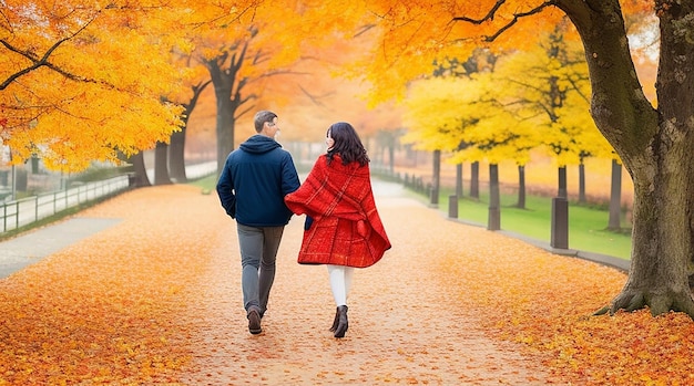 Una escena romántica de una pareja caminando de la mano por un camino cubierto por un manto de colores