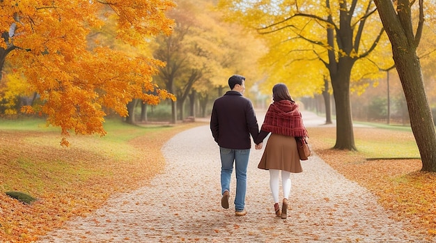 Una escena romántica de una pareja caminando de la mano por un camino cubierto por un manto de colores