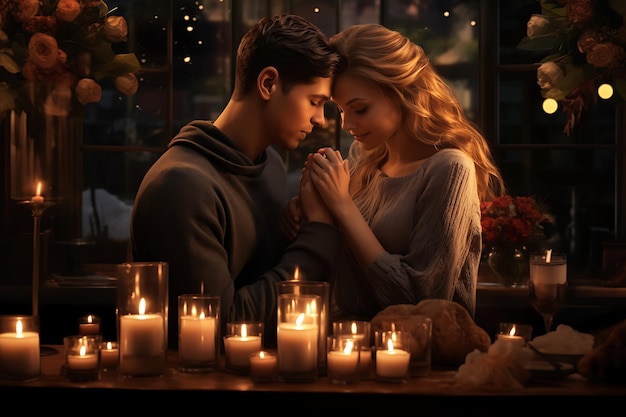 Foto una escena romántica con una pareja compartiendo un momento acogedor a la luz de las velas rodeada de corazones y flores