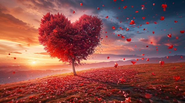 Escena romántica de puesta de sol con un árbol carmesí en forma de corazón y el follaje de otoño creando un hermoso fondo con temas de amor