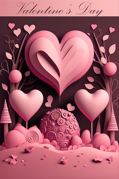 Escena romántica de la tarjeta del día de San Valentín con forma de corazón en AI generativa rosa
