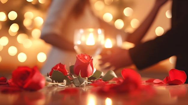 Escena romántica con vela y rosas rojas con una pareja borrosa en el fondo